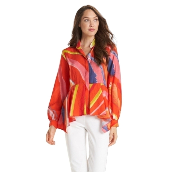 Natori watercolor stripe orange abstract print button up blouse - Picture 1 of 13